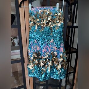 Mermaid core sequin dress mini bodycon strapless discs metallic shiny iridescent